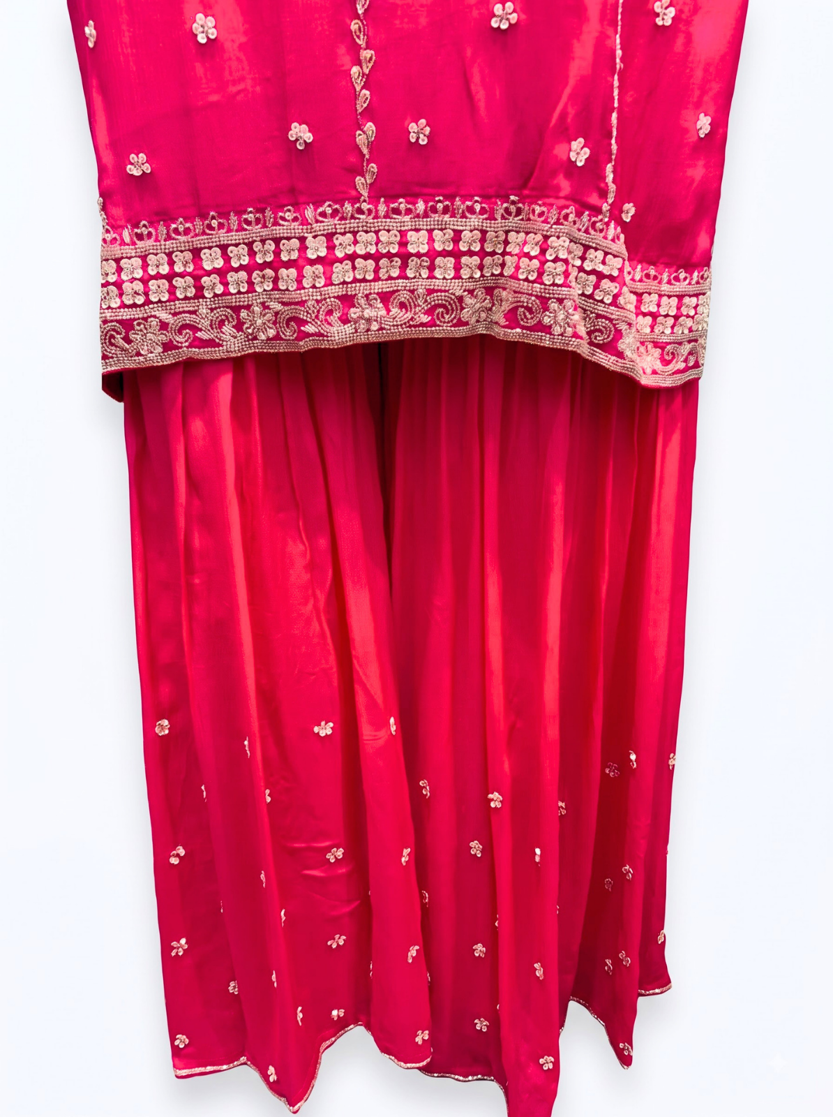 Rani Chinon Shirt, Palazzo And Dupatta with Cutdana Embroidery 4