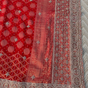 Red Rani Georgette Unstitched Saree Embellished With Zari, Moti, Sequins & Cutdana Work