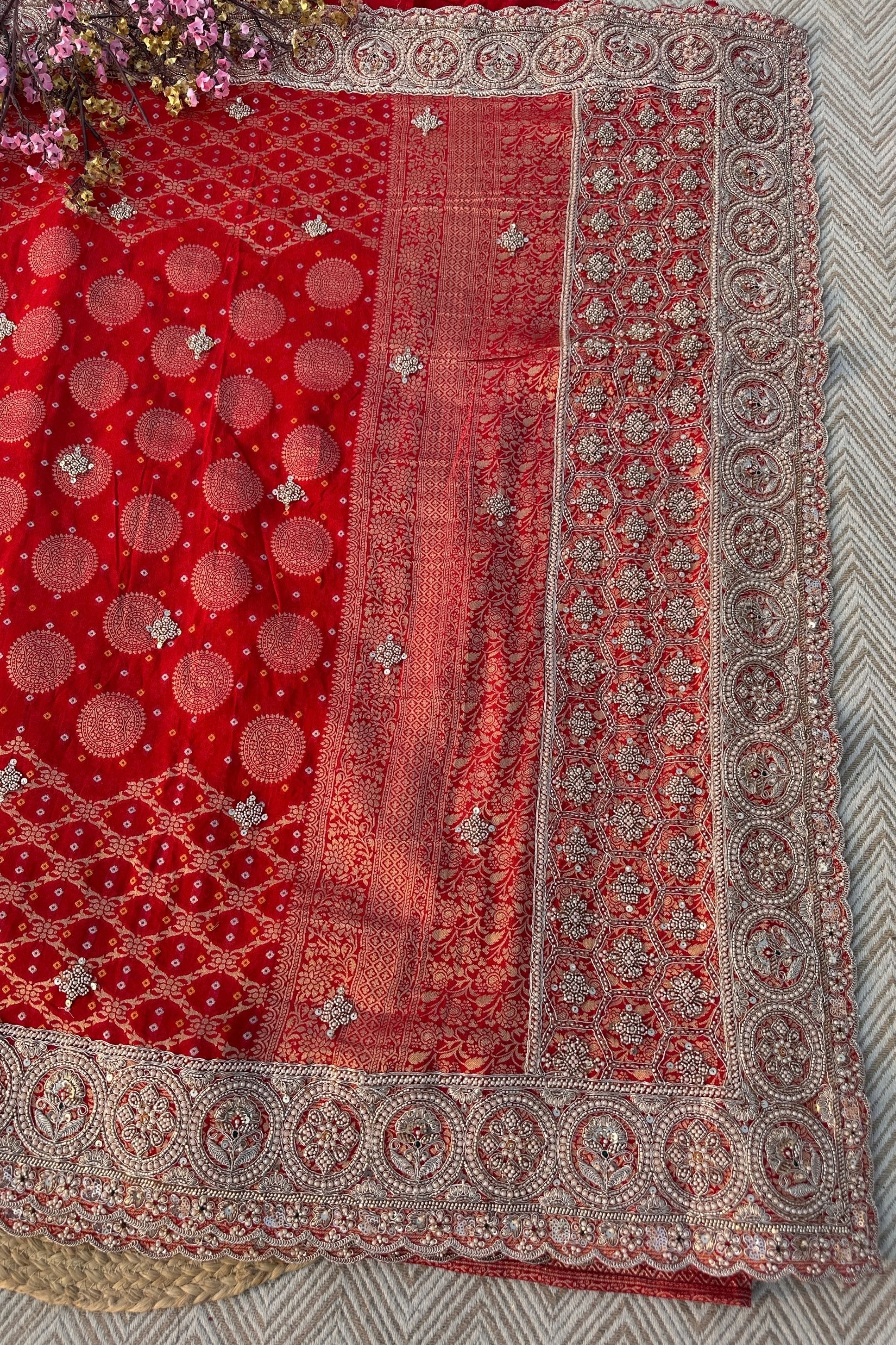 Red Rani Georgette Unstitched Saree Embellished With Zari, Moti, Sequins & Cutdana Work