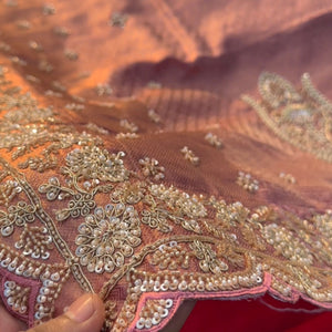 Peach Tissue Unstitched Saree Embellished With Sequins, Thread, Zari, Moti & Cutdana Work