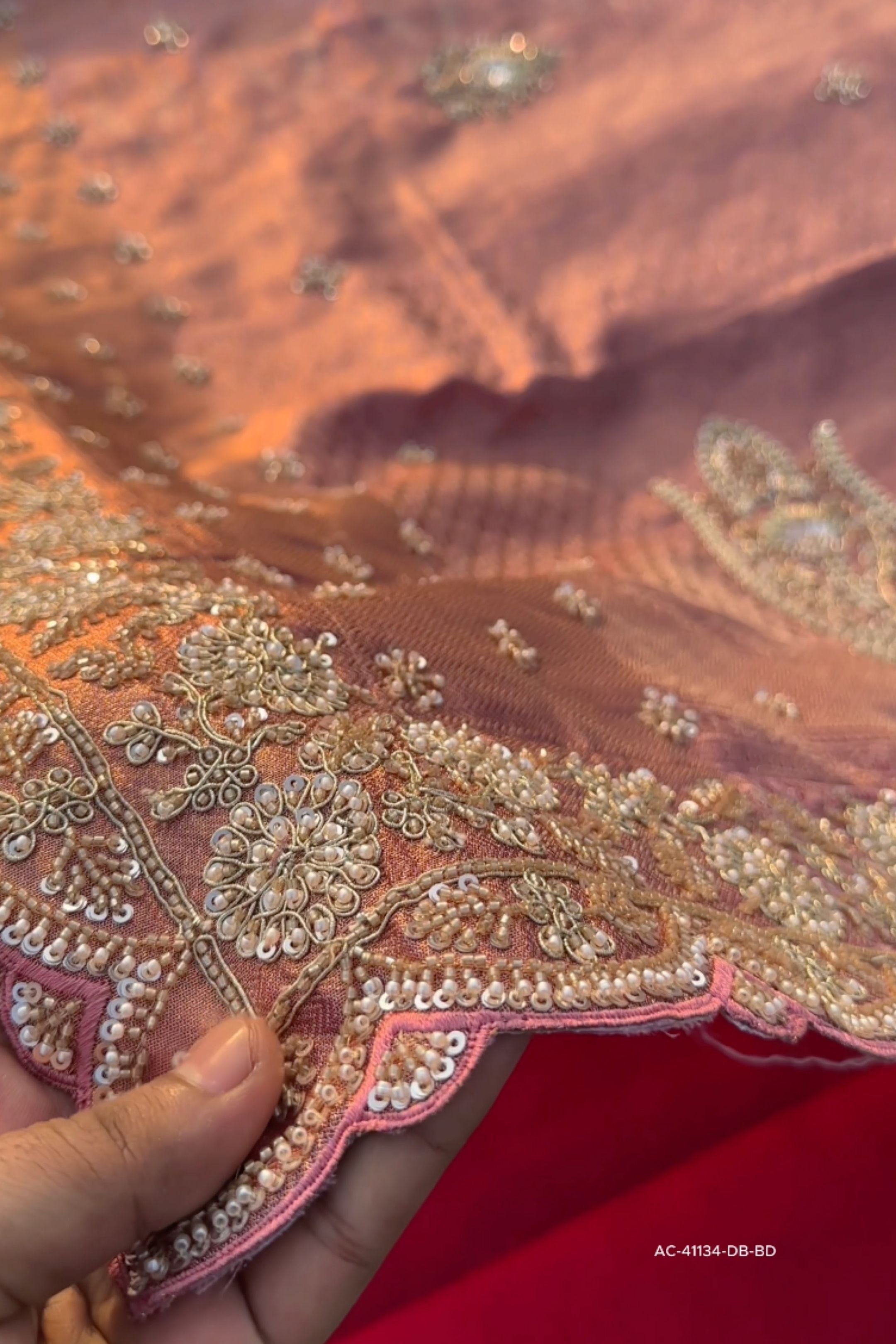 Peach Tissue Unstitched Saree Embellished With Sequins, Thread, Zari, Moti & Cutdana Work