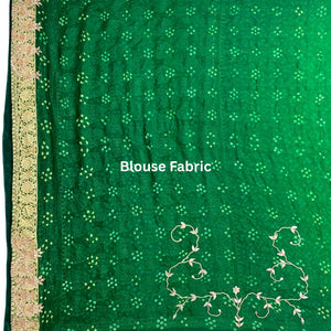Green Pure Georgette Bandhej Unstitched Saree with Gota, Dabka & Dori Work