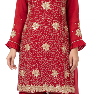 Red Chinon Fabric Hand work Sequins