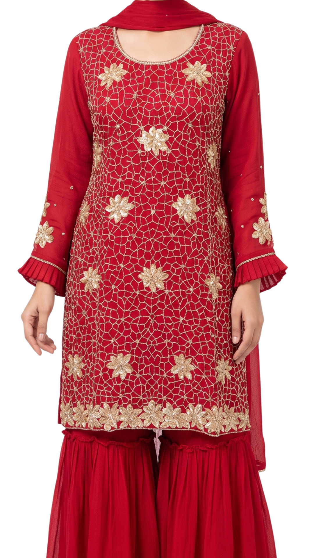 Red Chinon Fabric Hand work Sequins