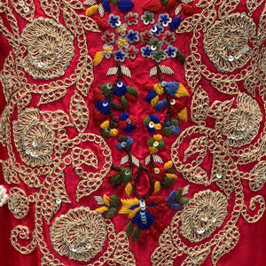 Red Dola Silk Suit Set with Zari, Pearl & Thread Detailing
