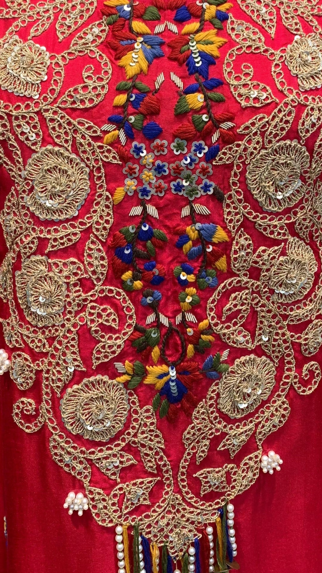 Red Dola Silk Suit Set with Zari, Pearl & Thread Detailing