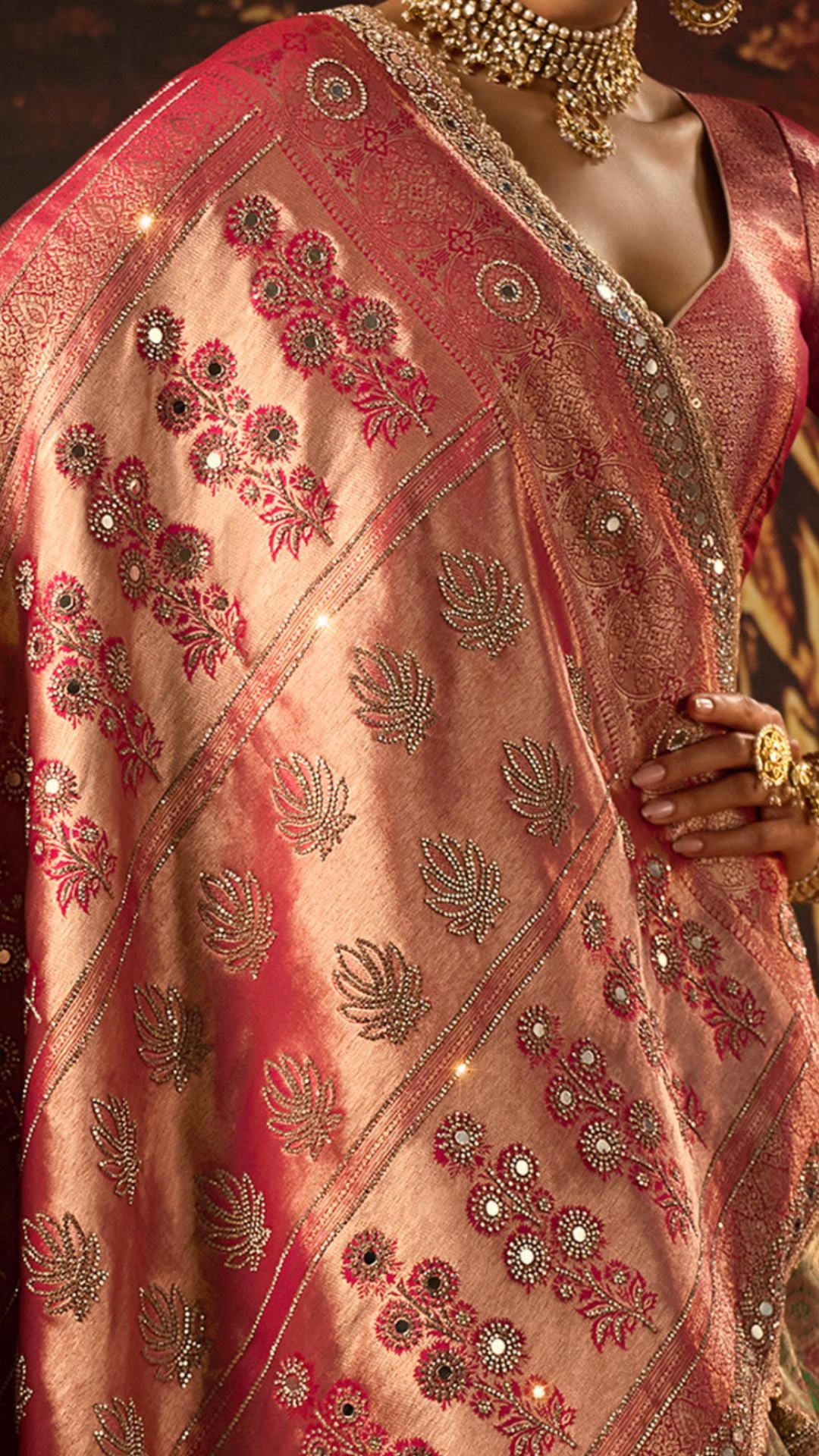 Pink and Beige Kanjivaram Silk Saree with Zarkan and Mirror Work