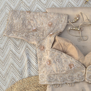 Fawn Tissue Saree Embellished With Zari, Sequins & Cut Dana Work