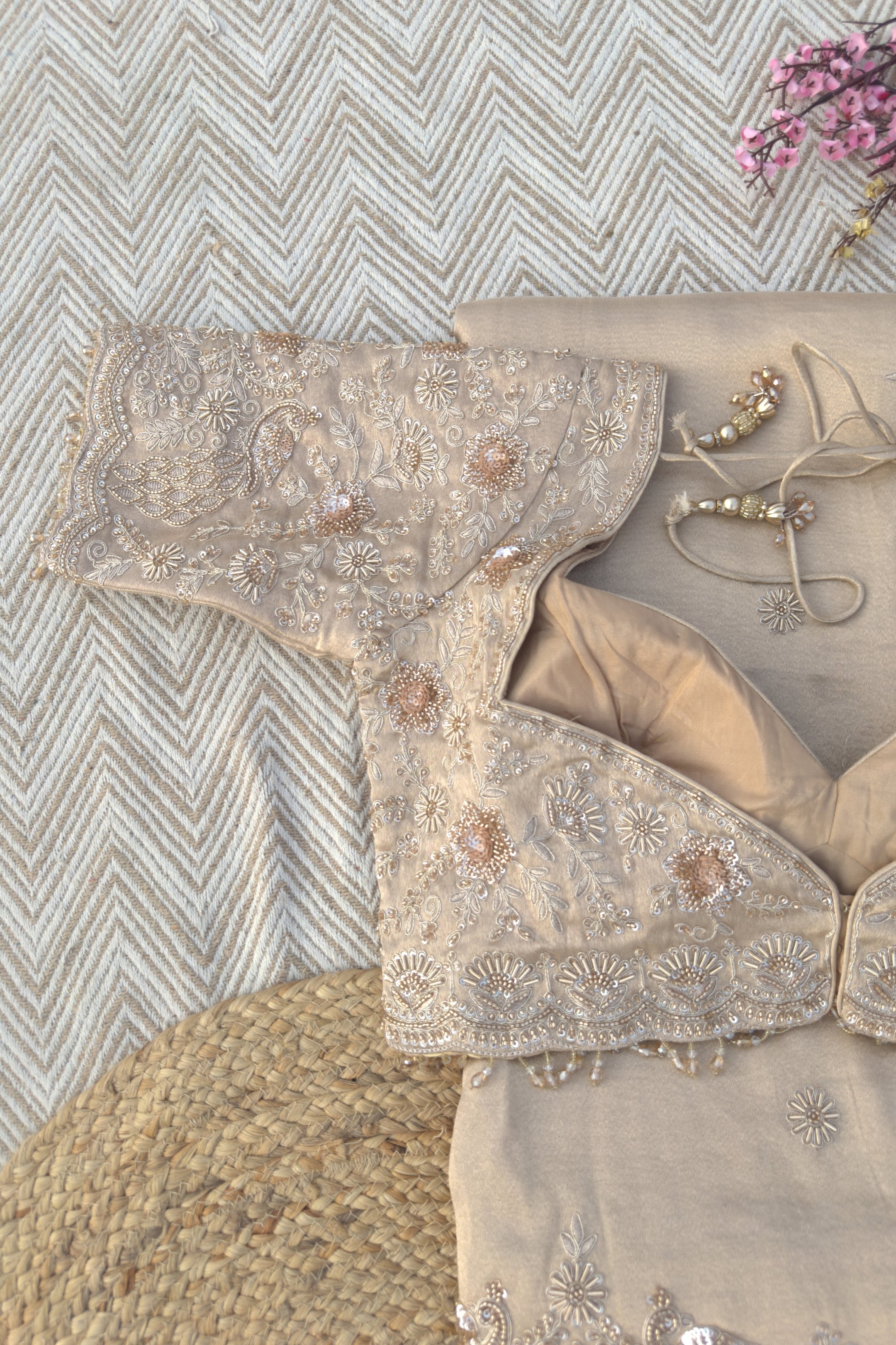 Fawn Tissue Saree Embellished With Zari, Sequins & Cut Dana Work