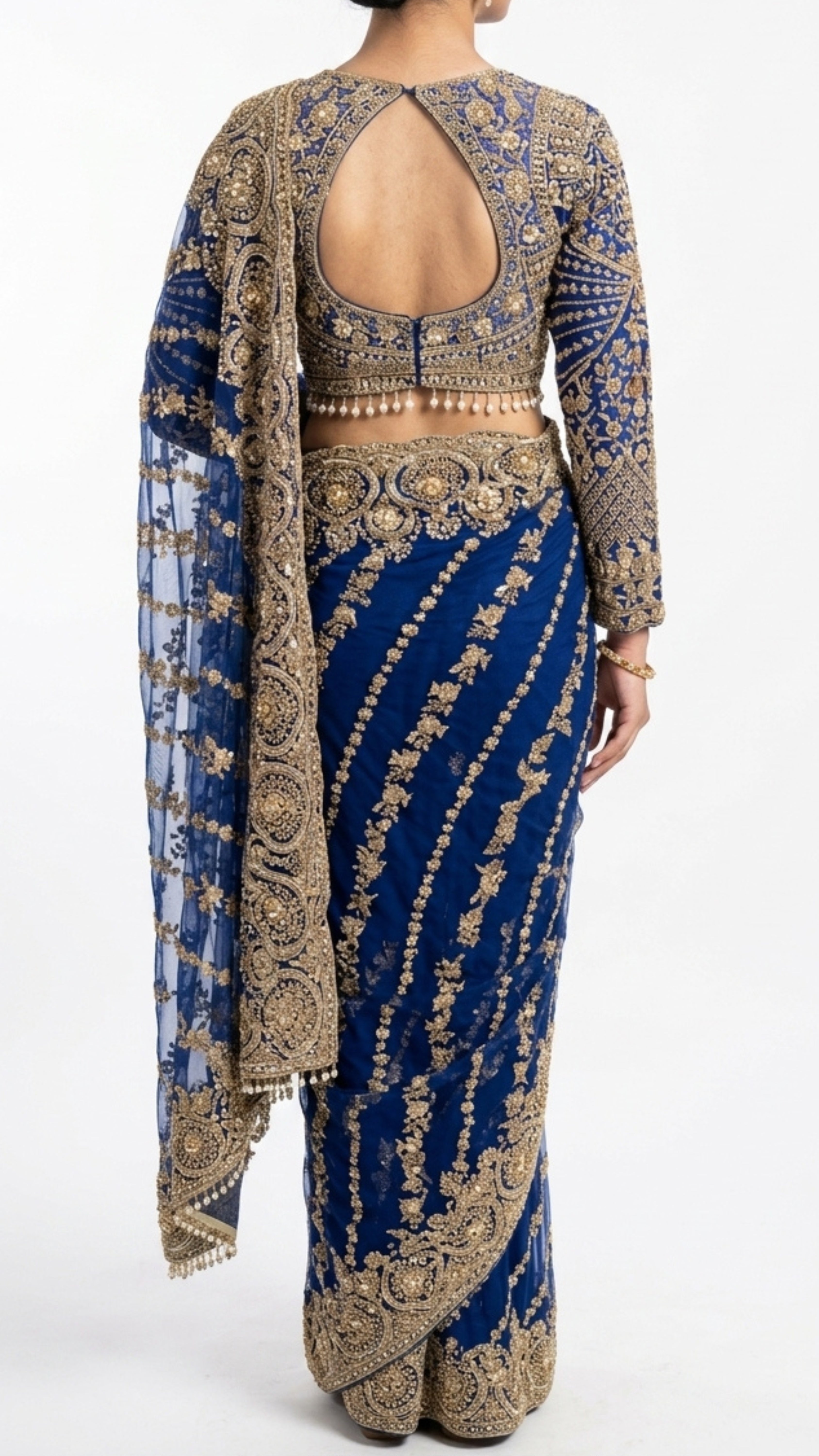 Midnight Blue Net Saree with Cutdana, Moti & Sequins Work
