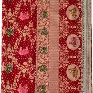Red Georgette Unstitched Saree with Zari, Cutdana & Sequins Work and Heavy Lace Border