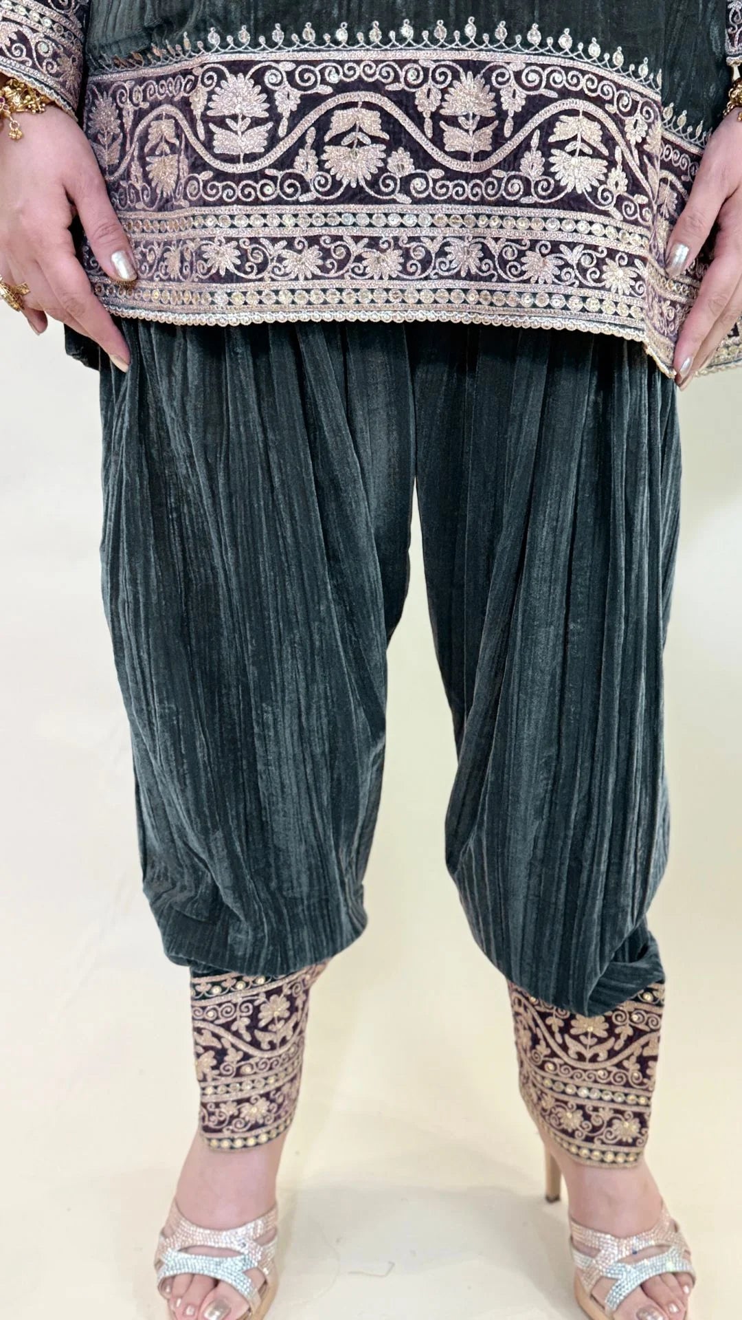 Charcoal Wrinkled Velvet Embroidered Top with Salwar