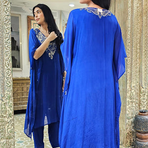 Blue Chinon Indowestern Kaaftan and Bottom with Cutdana,Sequins and Thread Work