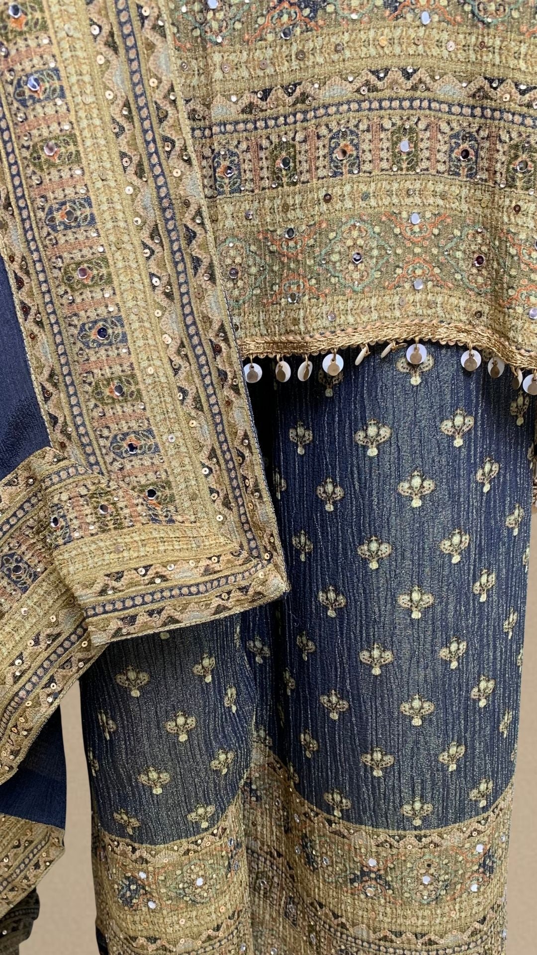 Stylish Blue Wrinkle Tissue Digital Printed Suit with Mirror Detailing and Palazzo