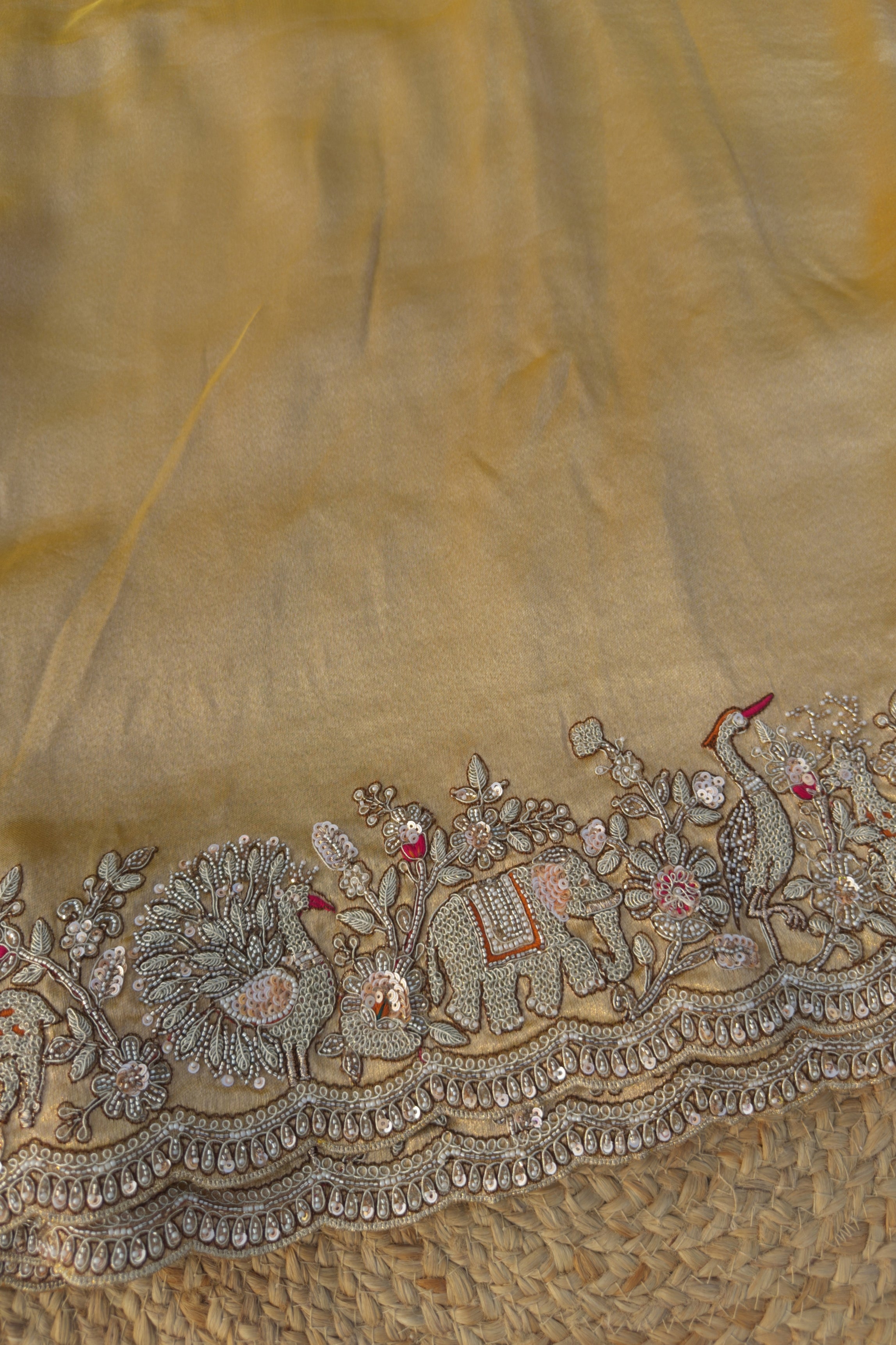 Golden Tissue Saree Embellished With Moti, Zari, Sequins & Cut Dana Work