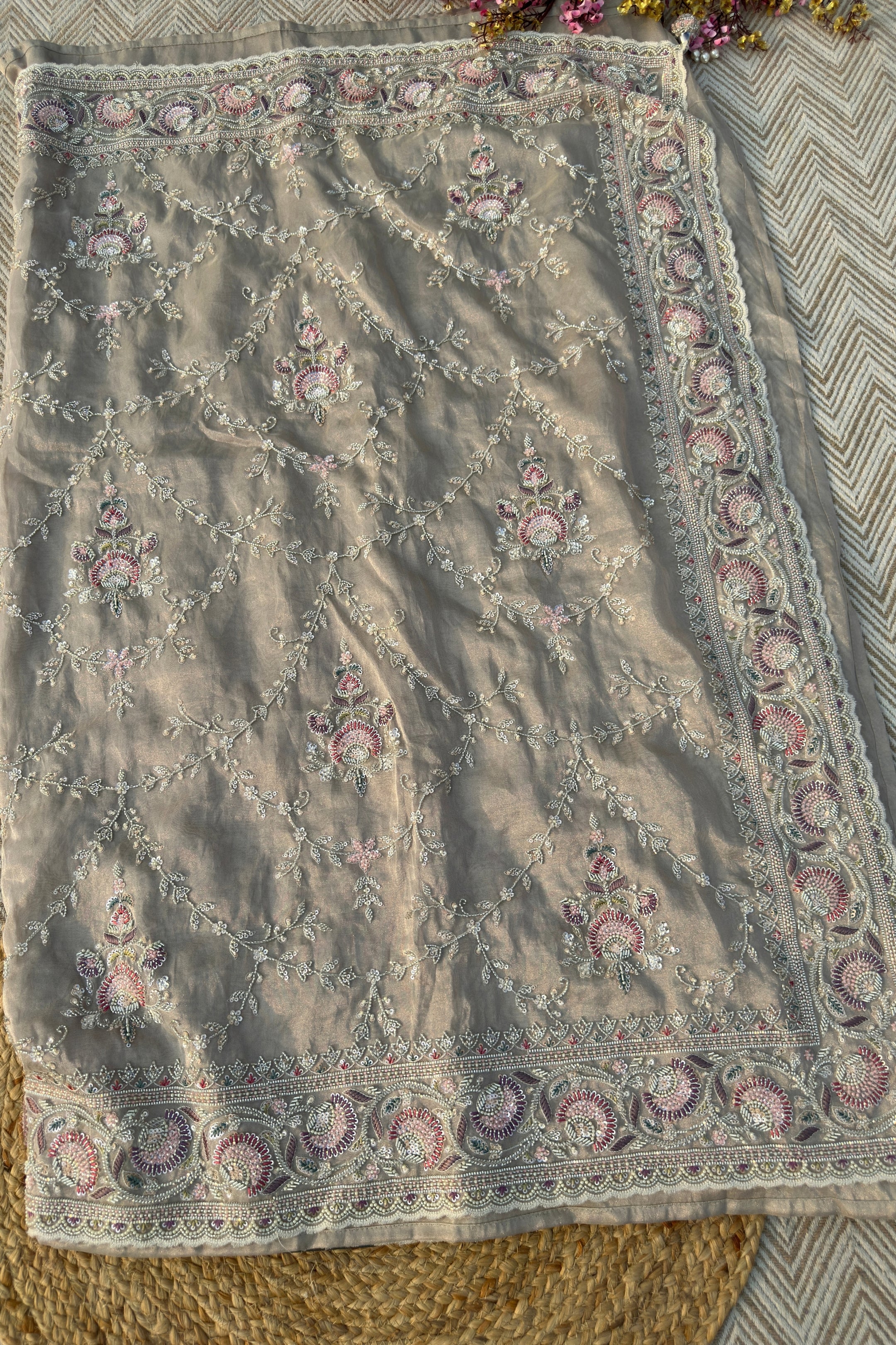 Tussar Tissue Saree Embellished With Sequins & Cut Dana Work