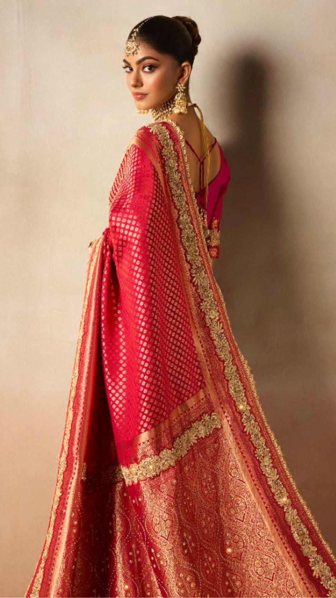 Red Satin Embroidered Saree With Rani Blouse