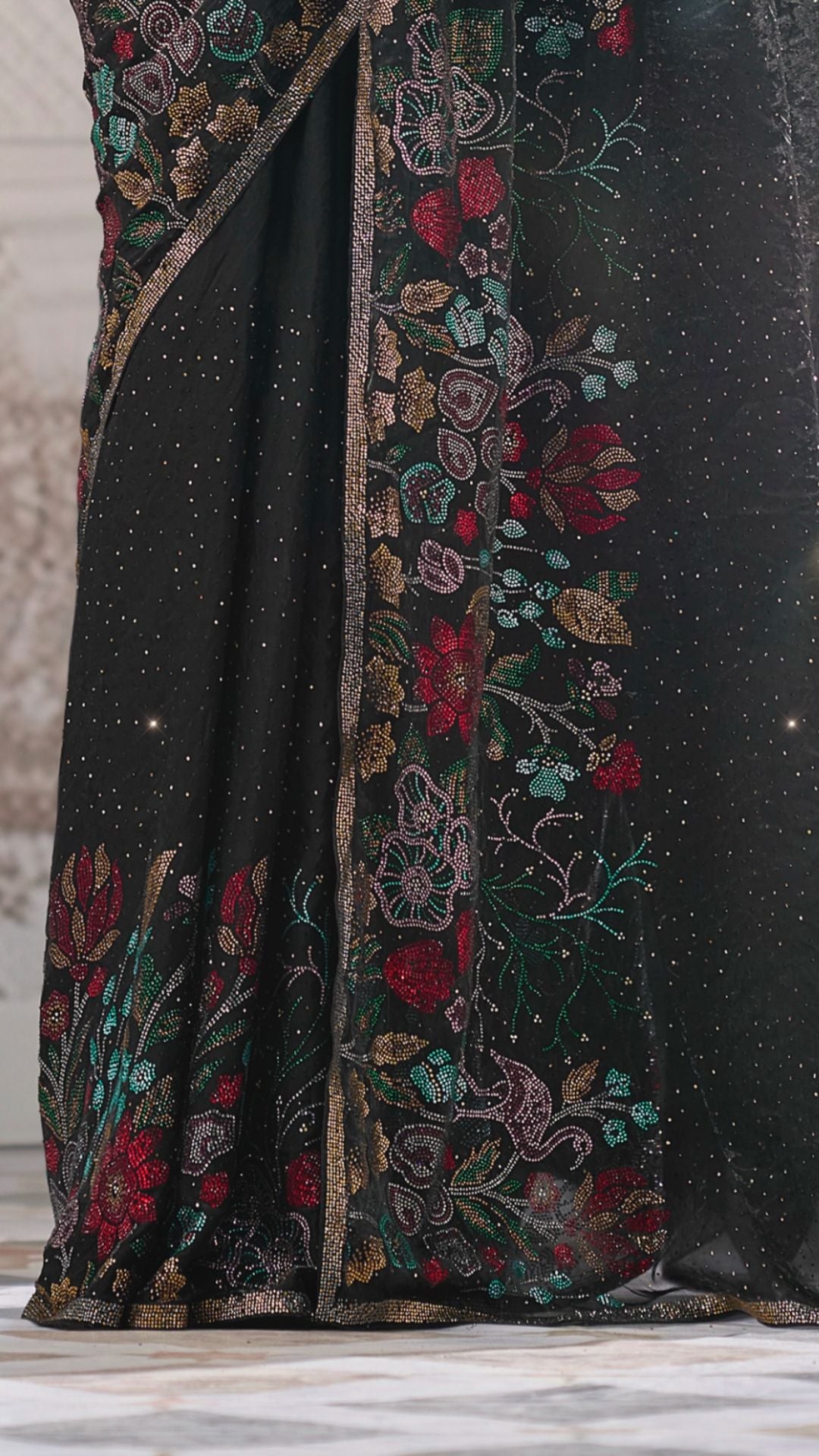 Black Satin Organza Saree With Swarovski Work