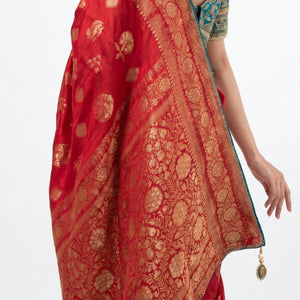 Red Banarasi Silk Saree with Stitched Blue Blouse and Weaving Work