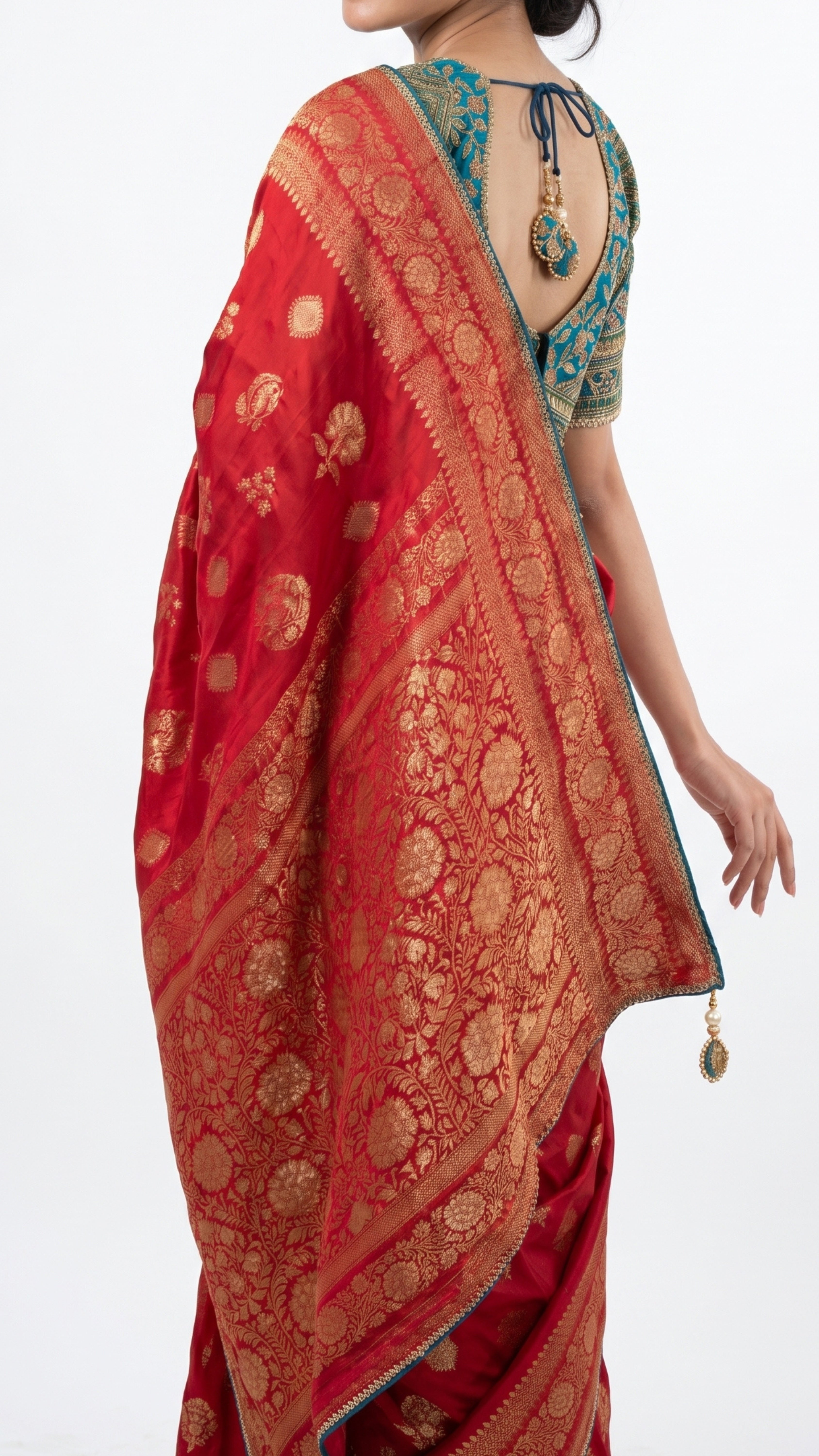Red Banarasi Silk Saree with Stitched Pink Blouse and Weaving Work