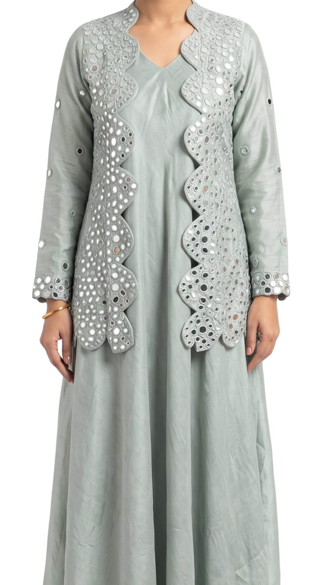Saga Green Raw Silk Mirror Thread Work Sequins