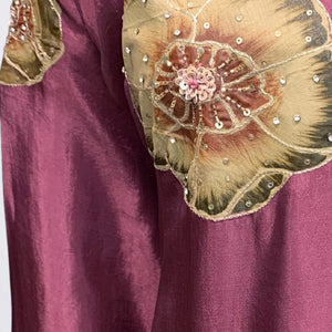 Wine Satin Crepe Suit with Zari, Sequins, Stone, Hand Print & Cutdana Detailing