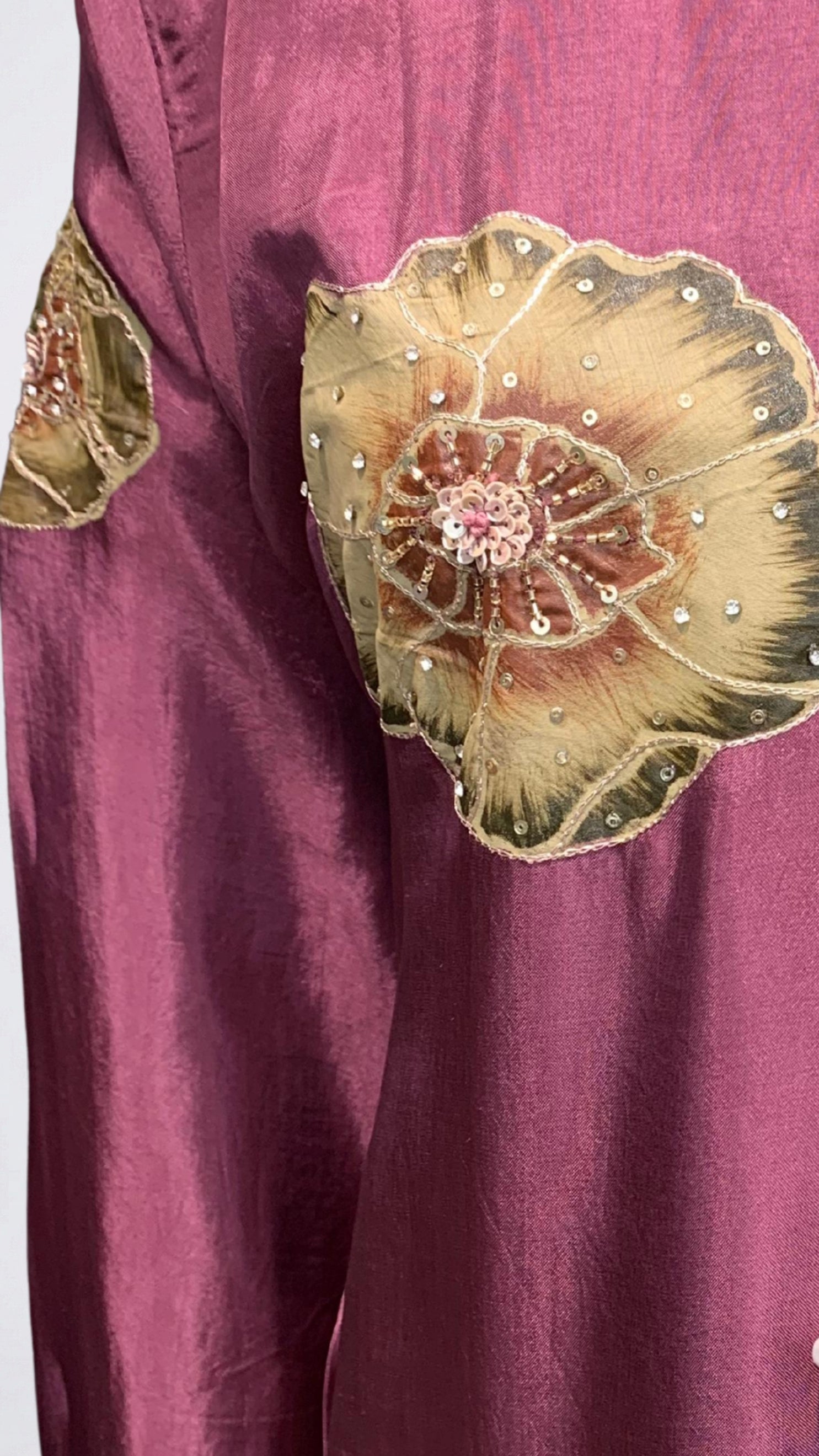 Wine Satin Crepe Suit with Zari, Sequins, Stone, Hand Print & Cutdana Detailing
