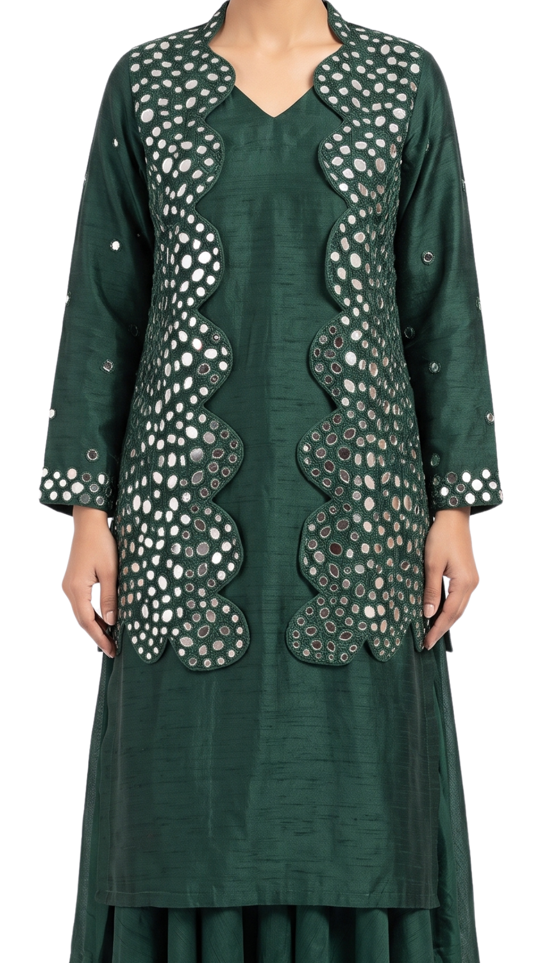 Green Raw Silk Mirror Thread Work Sequins