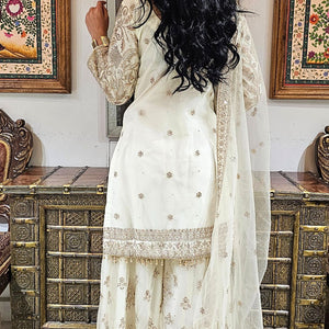 Cream Net Cream Suit with Swarovski Work and Dupatta