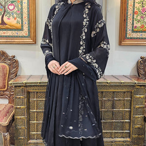 Black Chinon Indowestern Top,Jacket,Bottom and Dupatta with Sequins and Cutdana Work