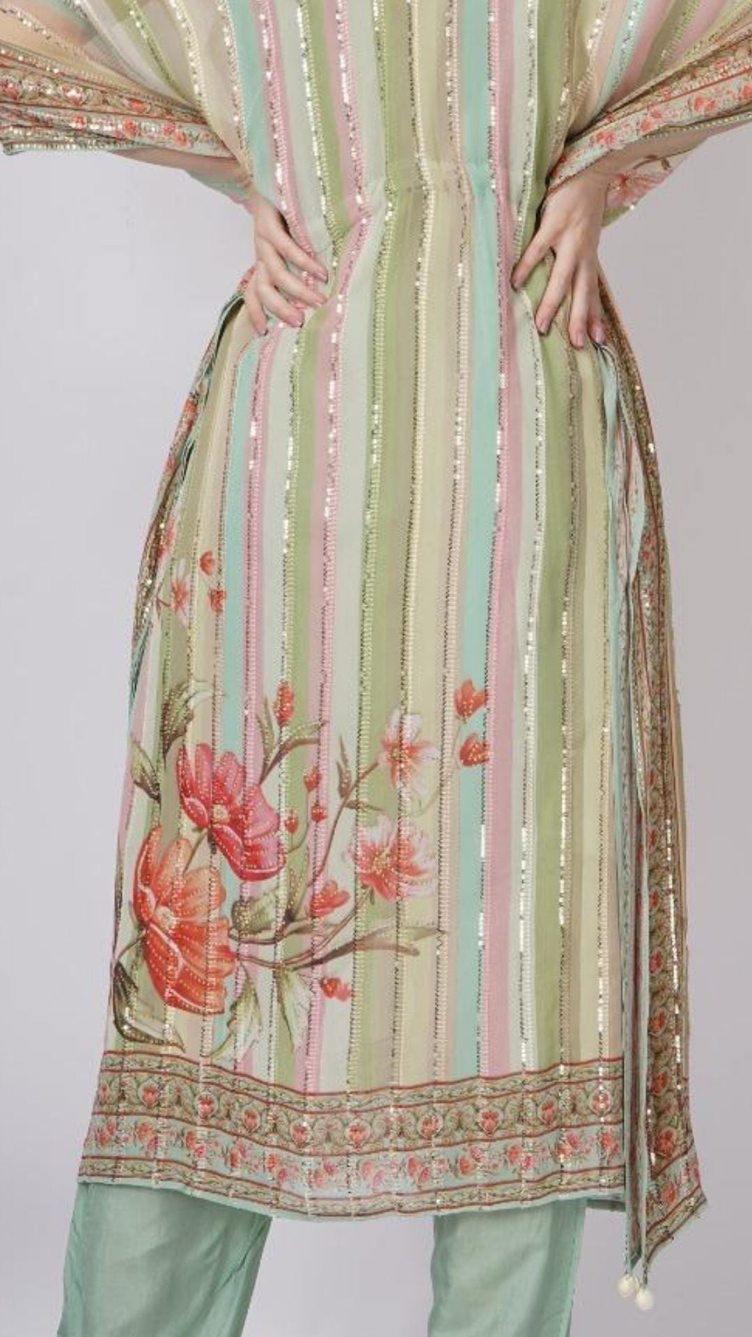 Multicolor Green Georgette Kaaftan with Mirror and Sequins Work