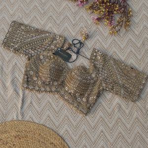 Dusty Brown Green Tissue Saree Embellished With Moti, Sequins & Cut Dana Work