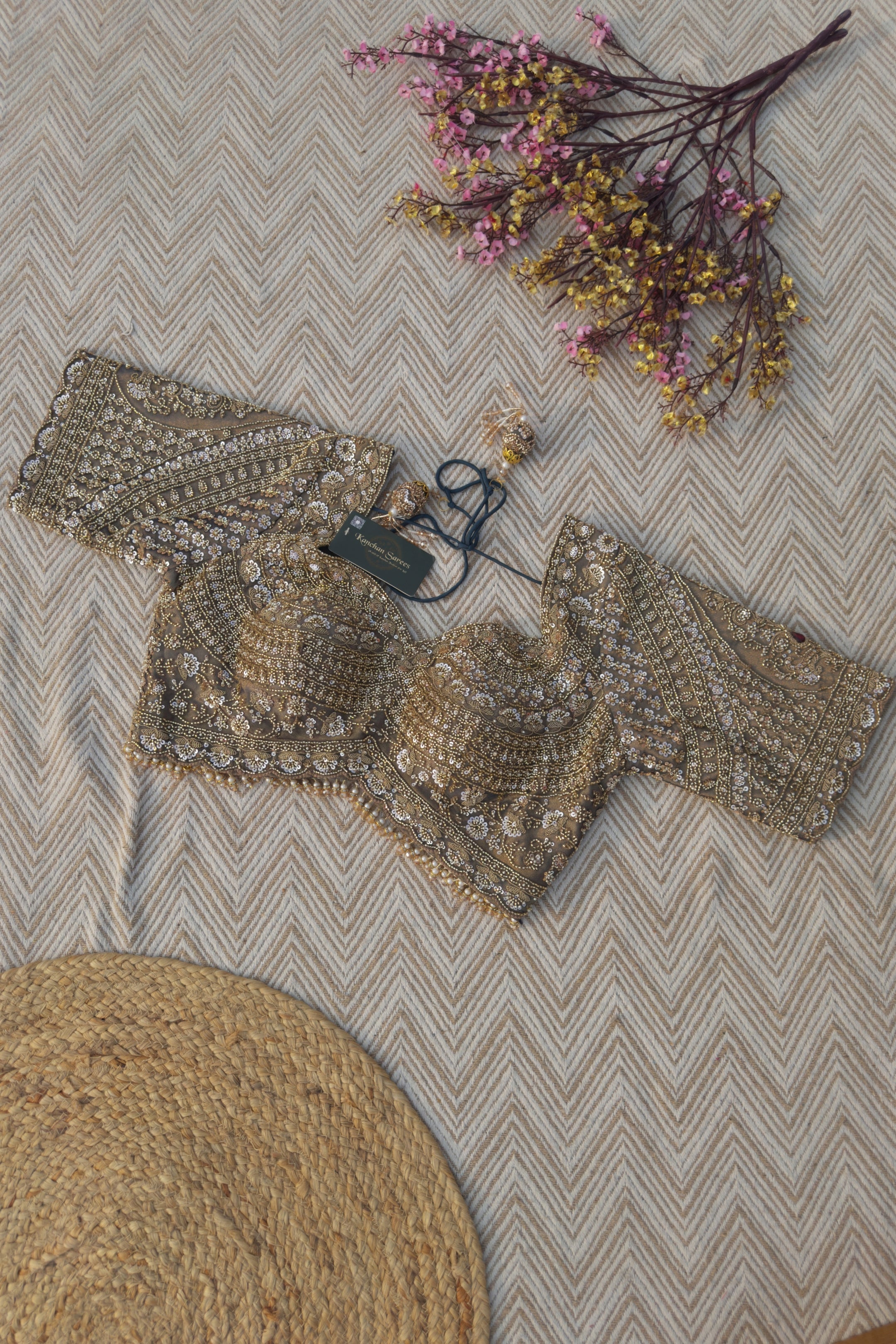 Dusty Brown Green Tissue Saree Embellished With Moti, Sequins & Cut Dana Work