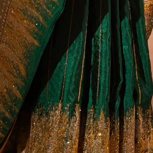Bottle Green Silk Satin Saree with Swarovski Work