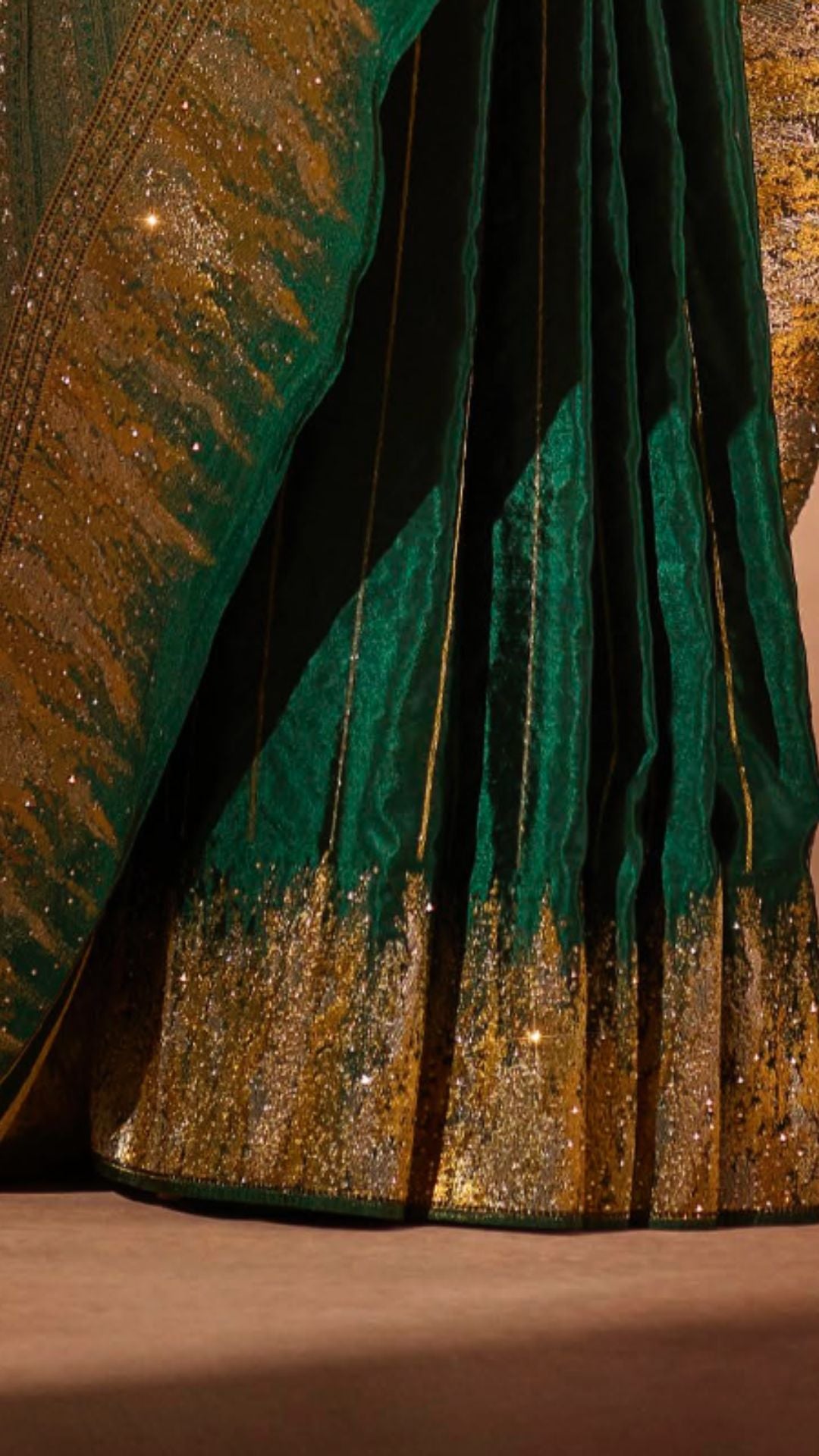 Bottle Green Silk Satin Saree with Swarovski Work