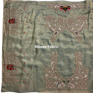 Sage Green Pure Tissue Banarasi Unstitched Saree with Sequins, Zari, Moti & Dori Work