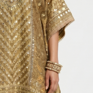 Golden Digital Printed Tissue Kaftan Style Co-ord Set with Gotta Patti & Sequins Work
