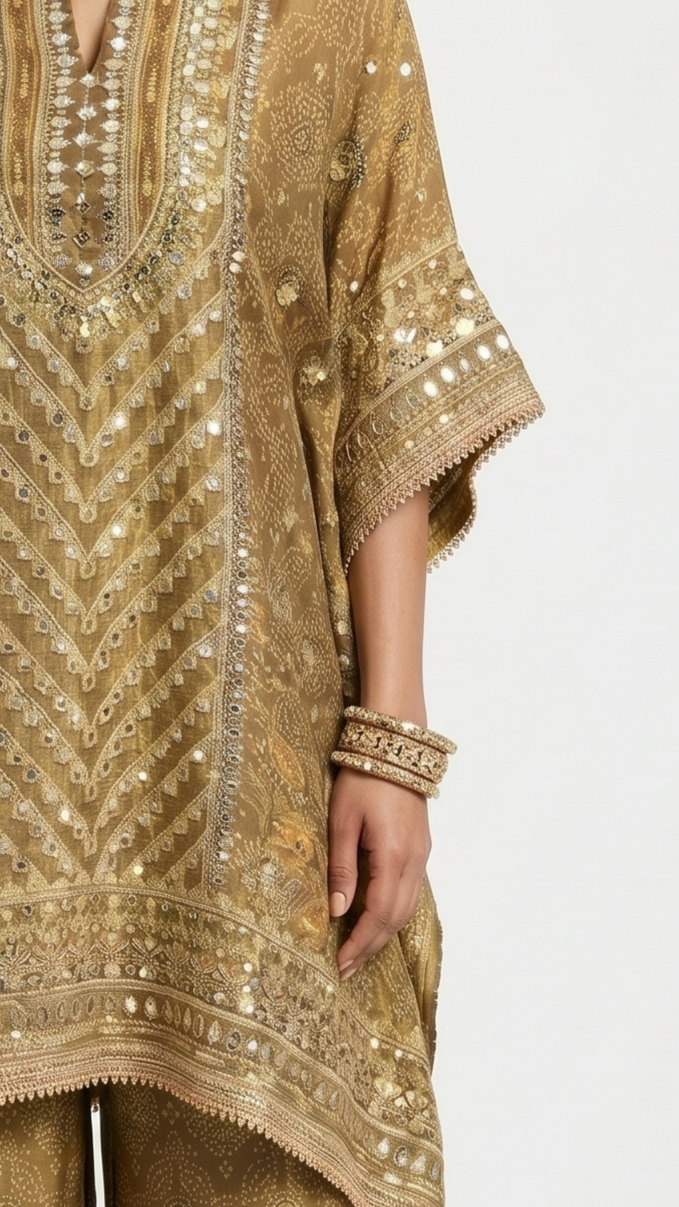 Golden Digital Printed Tissue Kaftan Style Co-ord Set with Gotta Patti & Sequins Work