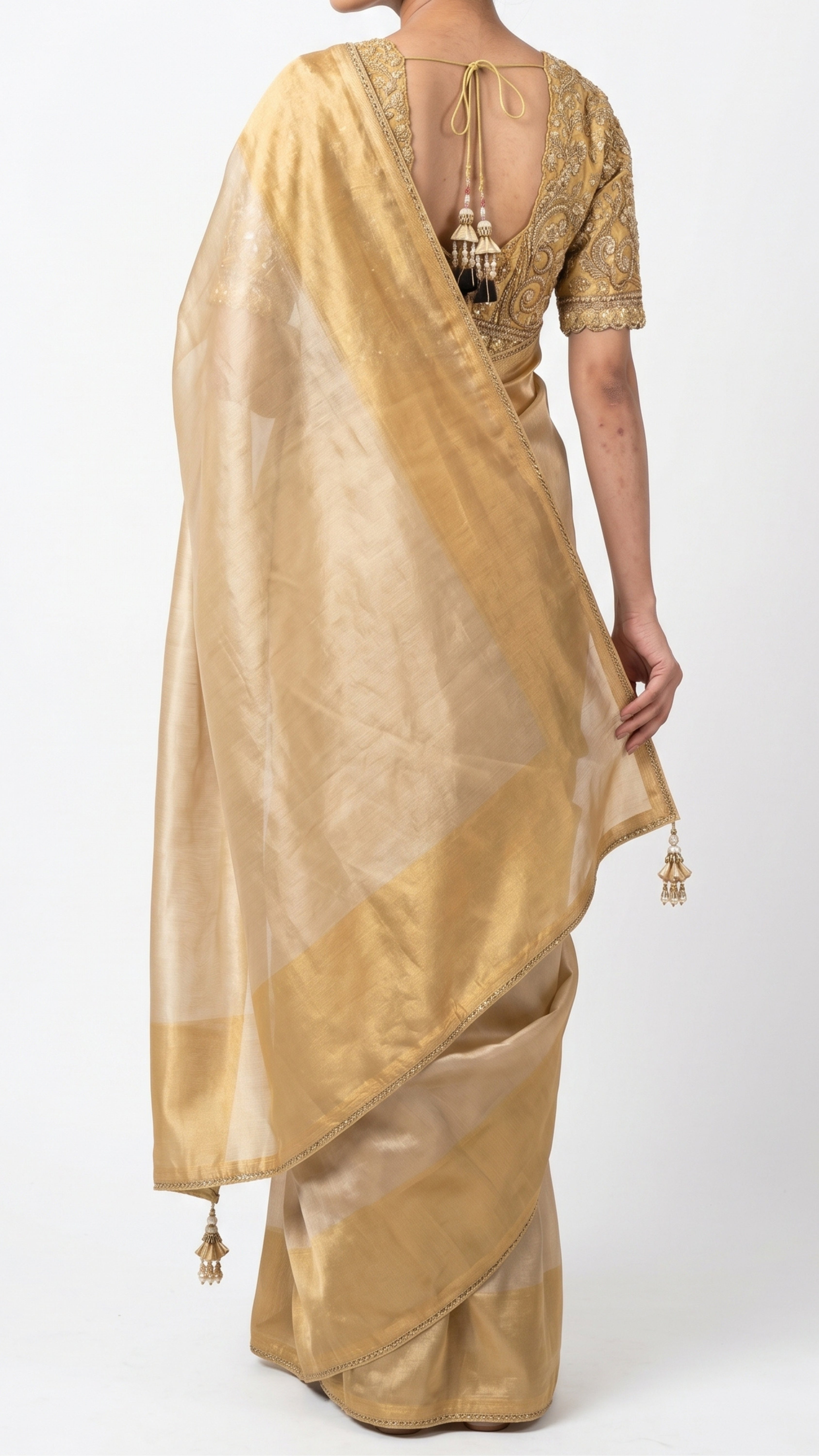 Yellow Silk Saree with Stitched Blouse and Zari, Cutdana & Sequins Work