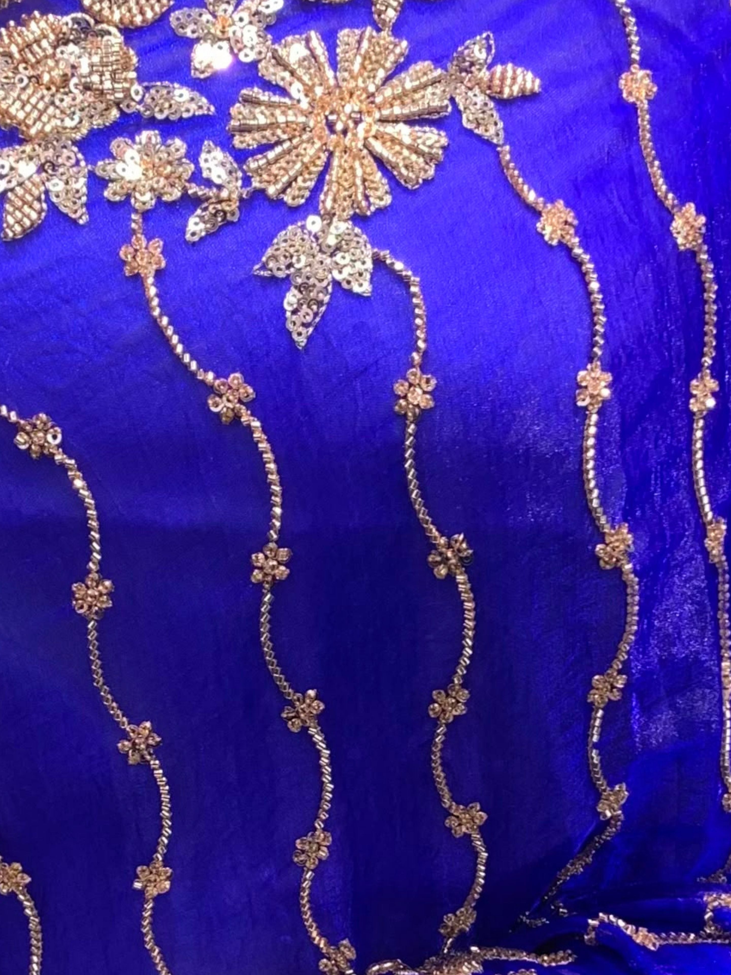 Blue Tissue Unstitched Saree Embellished With Sequins, Cutdana & Zari Work