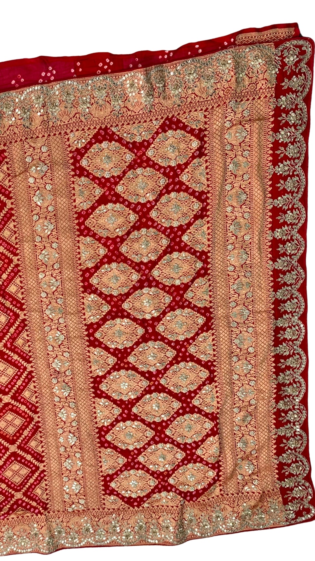 Red Pure Georgette Bandhej Unstitched Saree with Gota, Dabka & Dori Work