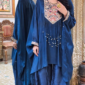 Blue Silk Indowestern Kaaftan and Bottom with Resham Thread and Dabka Work