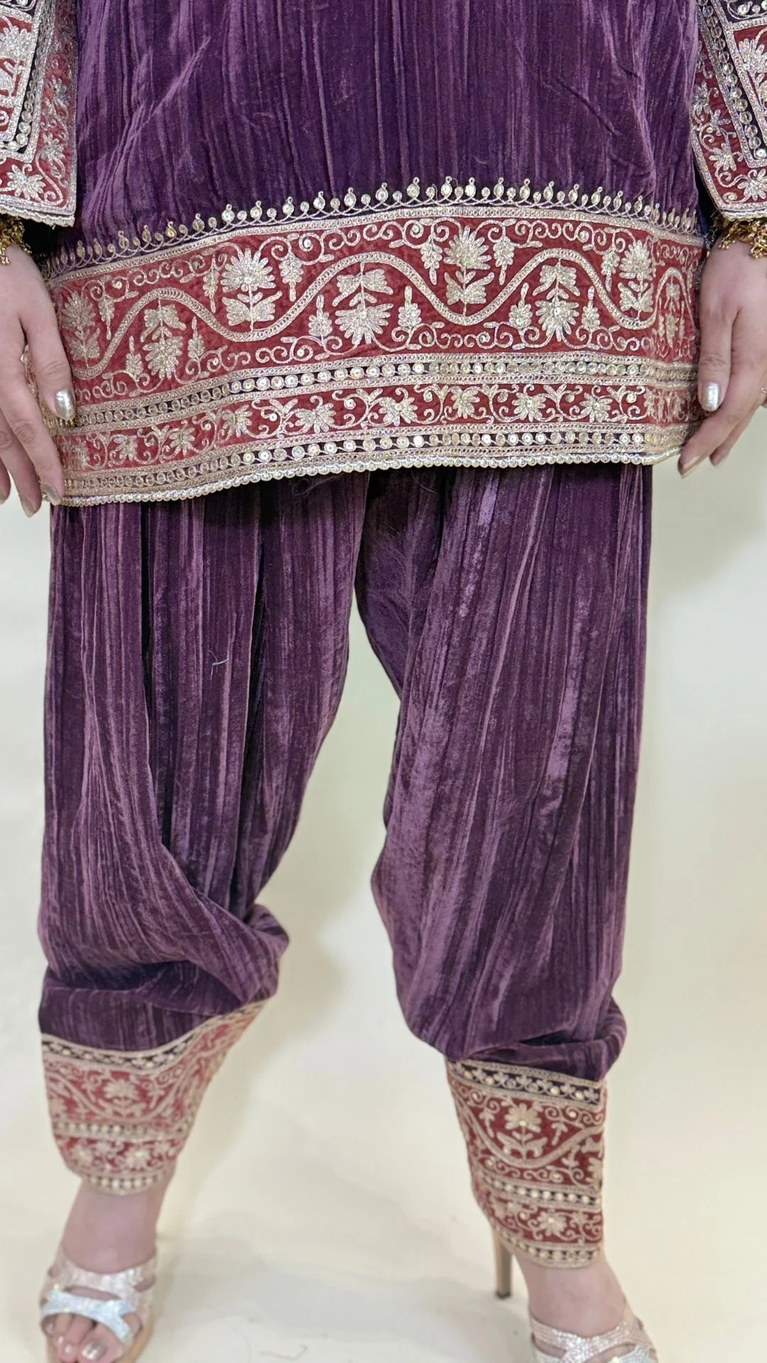 Plum Purple Wrinkled Velvet Embroidered Top with Salwar
