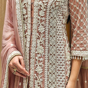 Peach Georgette Indowestern Top and Bottom with Pearl and Thread Work with Dupatta