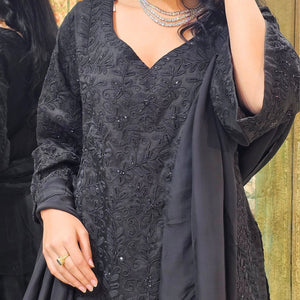 Black Organza Indowestern Top,Bottom and Dupatta with Cutdana and Dori Work