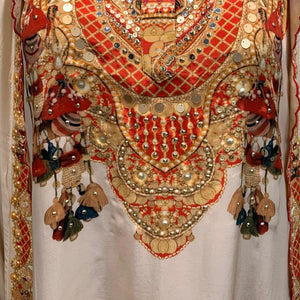 Beige & Red Digital Printed Crepe Coord Set with Cape Embellished with Pearl, Sequins & Sippi