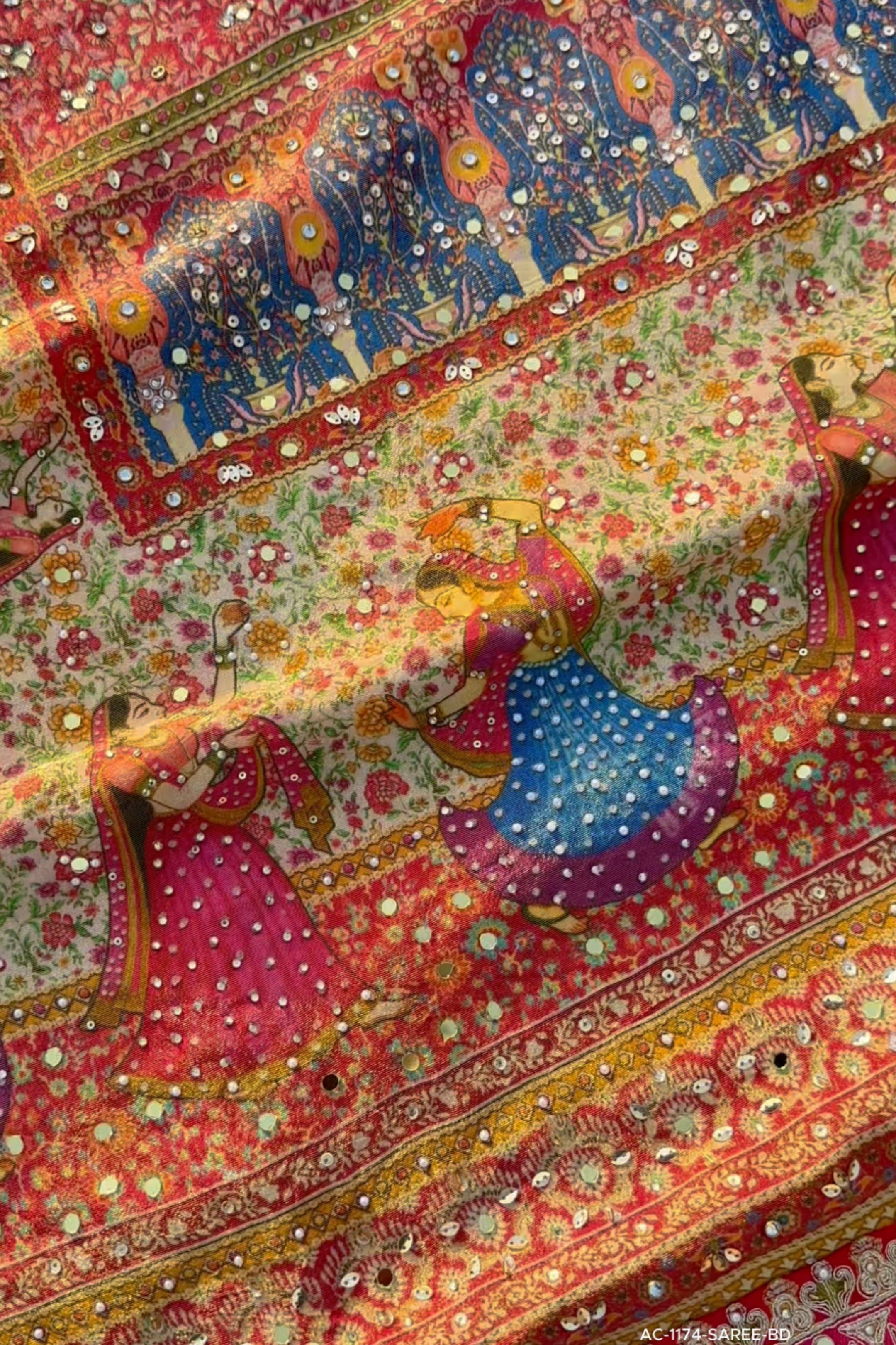 Multicolour Tissue Saree Embellished With Kundan, Sequins & Cut Dana Work