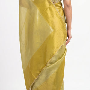 Lemon Green Silk Saree with Stitched Blouse and Zari, Cutdana & Sequins Work