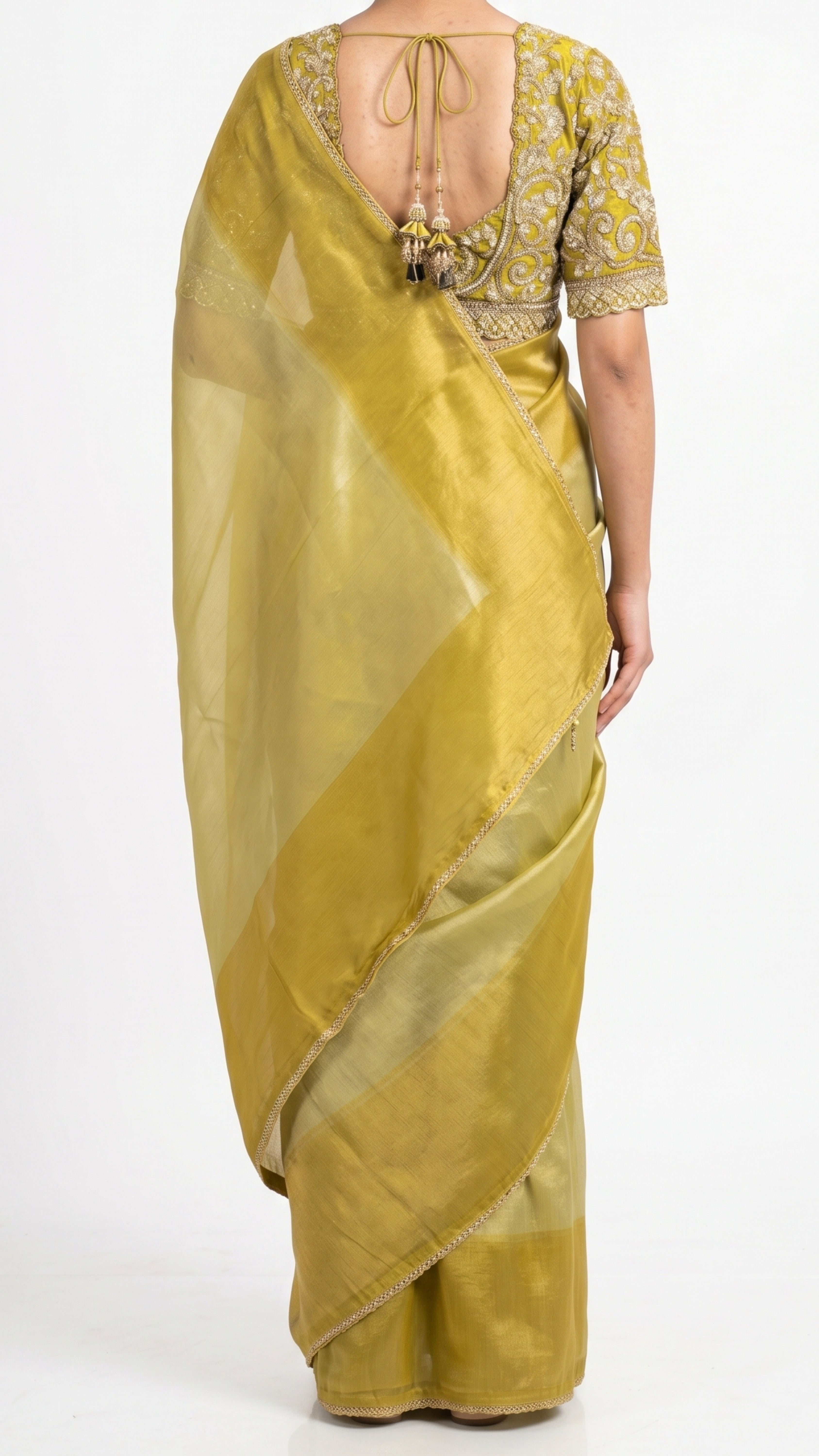 Lemon Green Silk Saree with Stitched Blouse and Zari, Cutdana & Sequins Work
