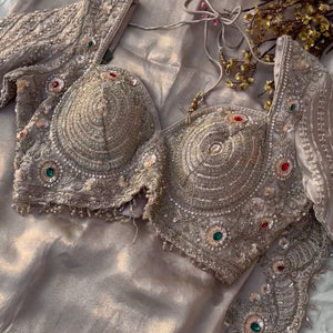 Golden Tissue Saree Embellished With Sequins, Dori, Stone & Cutdana Work